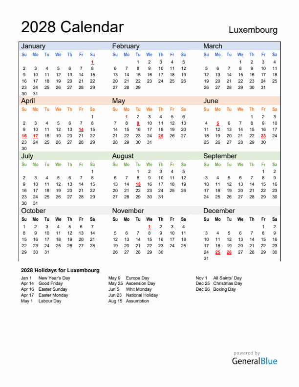 Calendar 2028 with Luxembourg Holidays