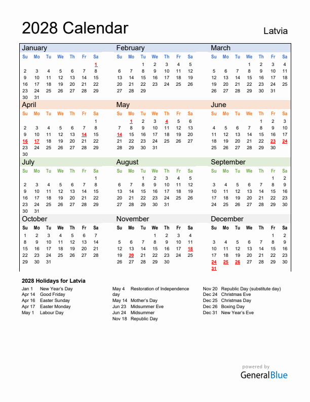 Calendar 2028 with Latvia Holidays