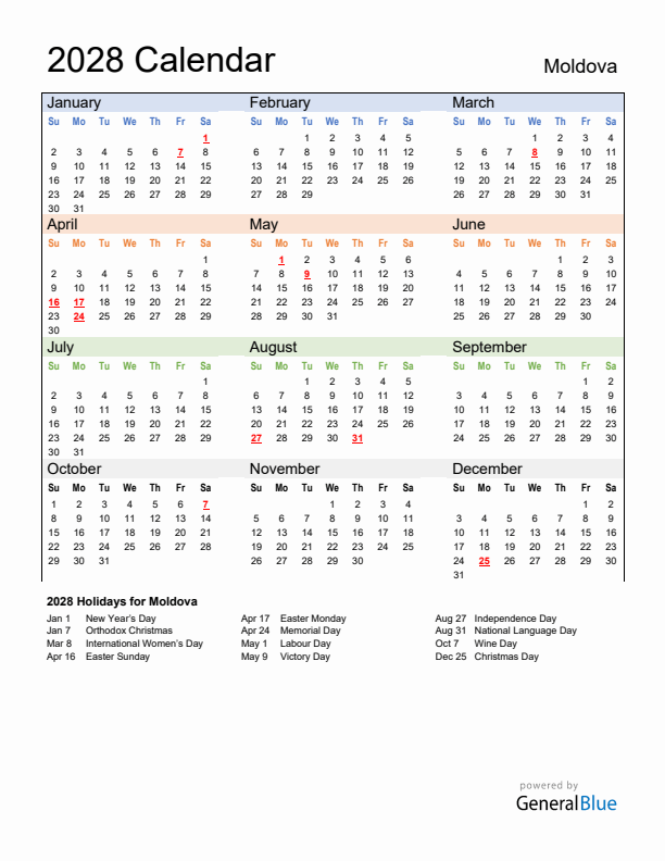 Calendar 2028 with Moldova Holidays
