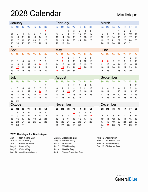 Calendar 2028 with Martinique Holidays
