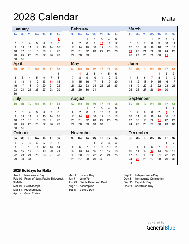 Calendar 2028 with Malta Holidays