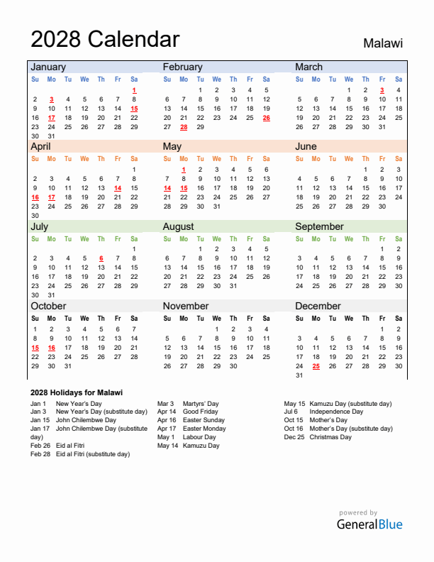 Calendar 2028 with Malawi Holidays