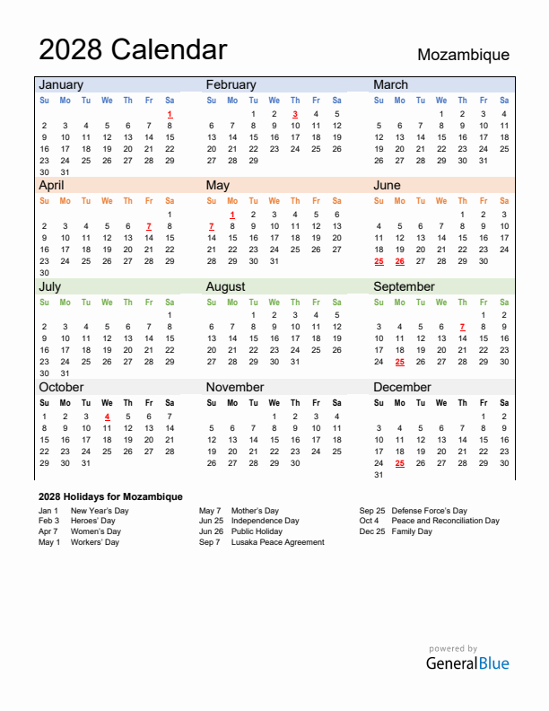 Calendar 2028 with Mozambique Holidays