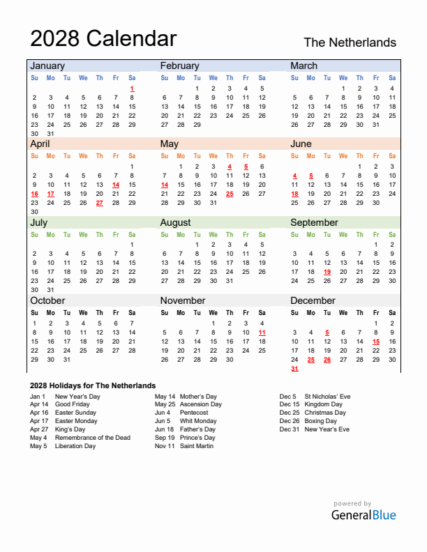 Calendar 2028 with The Netherlands Holidays