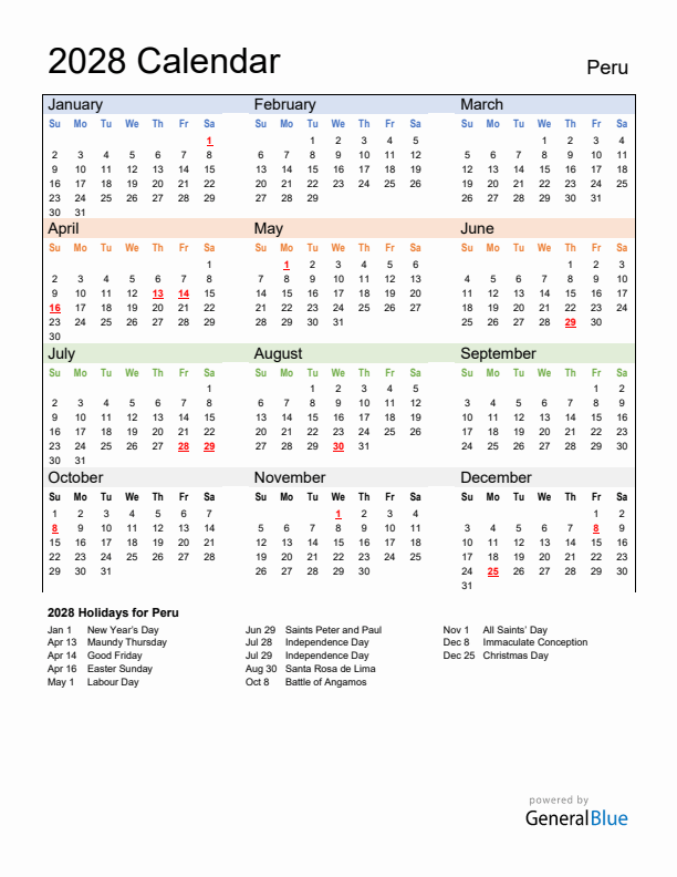 Calendar 2028 with Peru Holidays