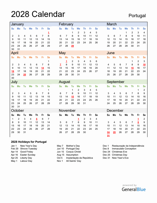 Calendar 2028 with Portugal Holidays