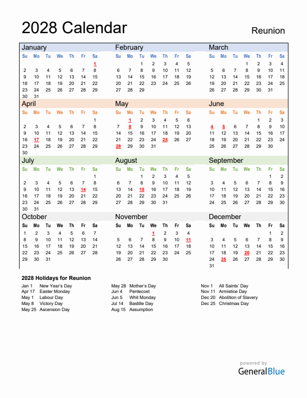 Calendar 2028 with Reunion Holidays