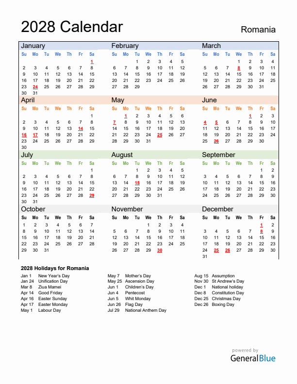 Calendar 2028 with Romania Holidays