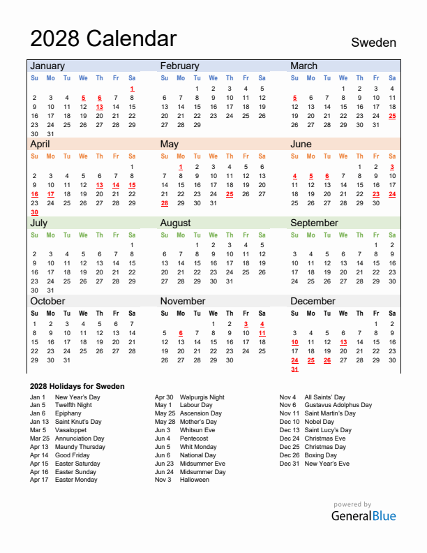 Calendar 2028 with Sweden Holidays