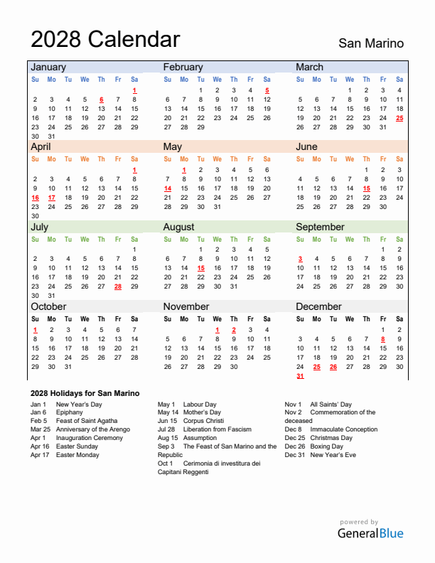 Calendar 2028 with San Marino Holidays