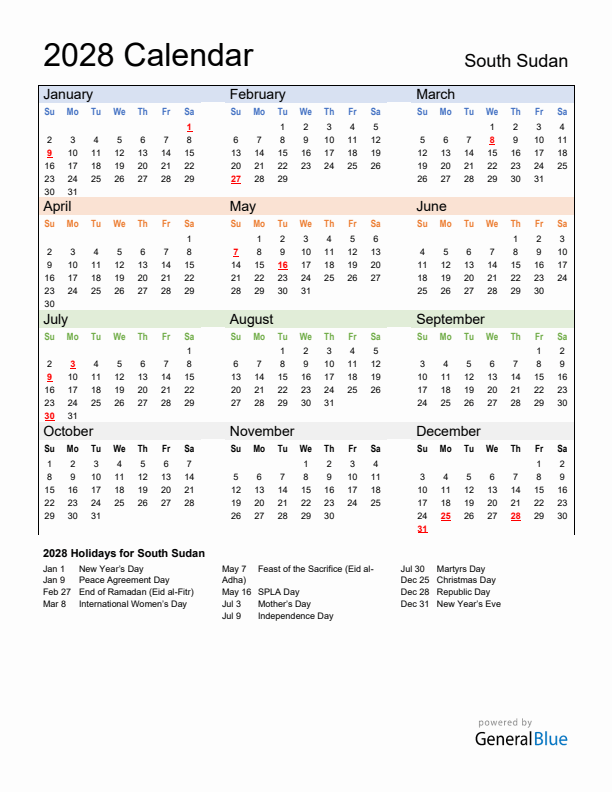 Calendar 2028 with South Sudan Holidays