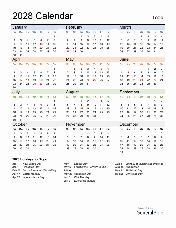 Calendar 2028 with Togo Holidays