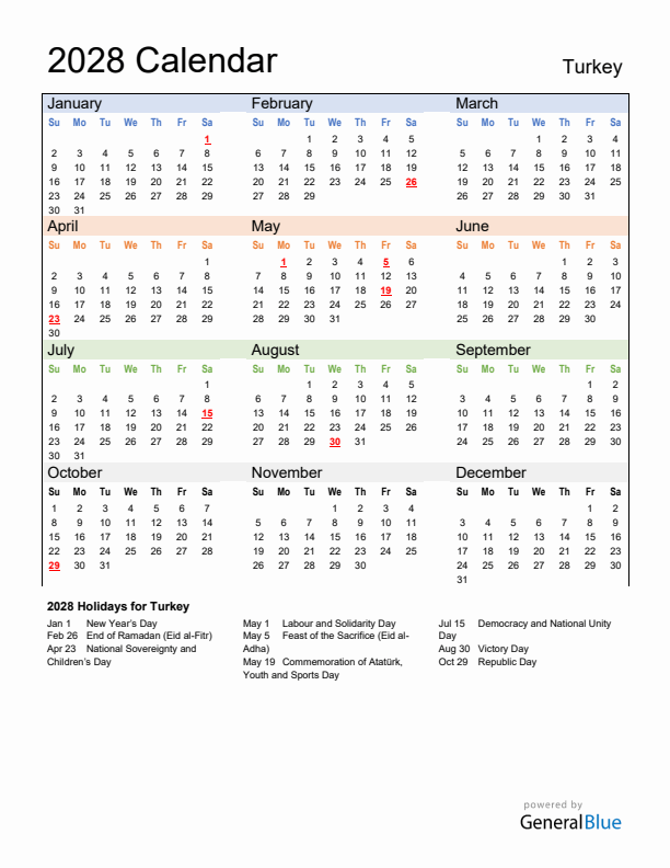Calendar 2028 with Turkey Holidays