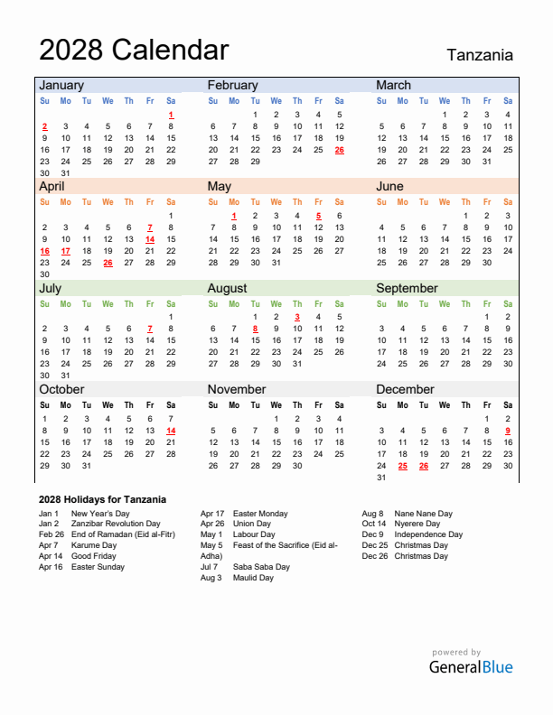 Calendar 2028 with Tanzania Holidays