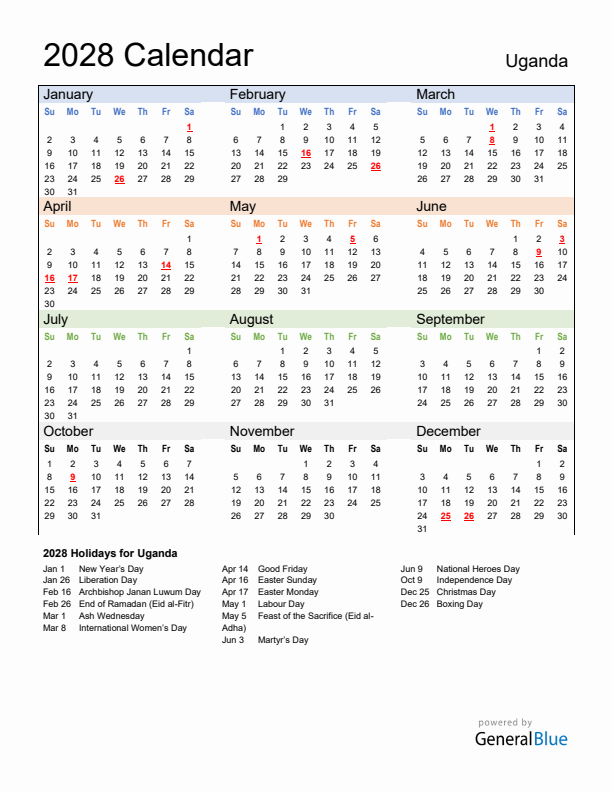 Calendar 2028 with Uganda Holidays