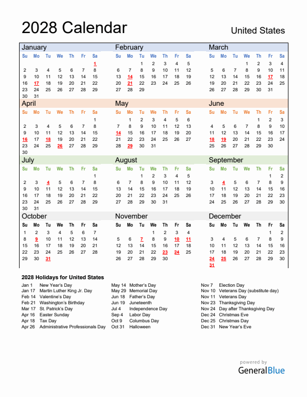 Calendar 2028 with United States Holidays