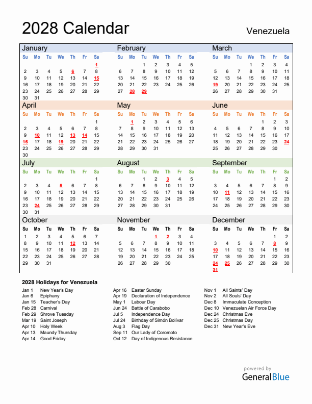 Calendar 2028 with Venezuela Holidays