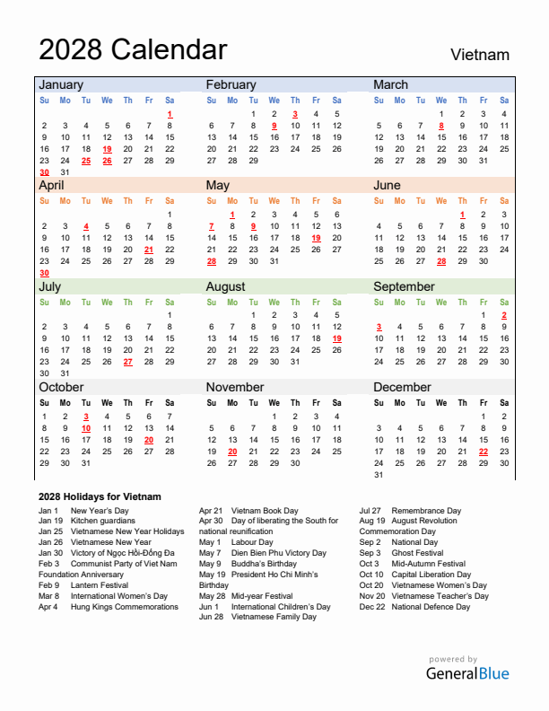 Calendar 2028 with Vietnam Holidays