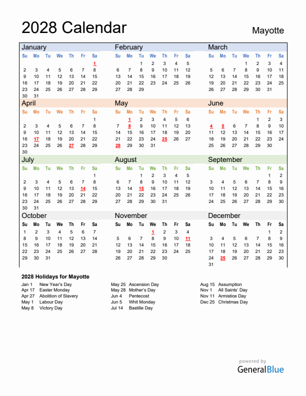 Calendar 2028 with Mayotte Holidays