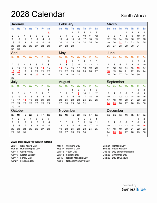 Calendar 2028 with South Africa Holidays