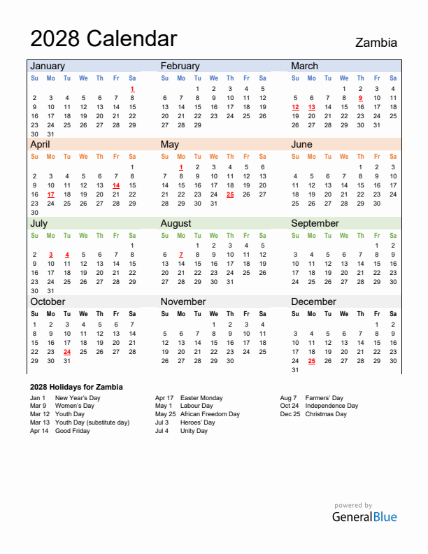 Calendar 2028 with Zambia Holidays