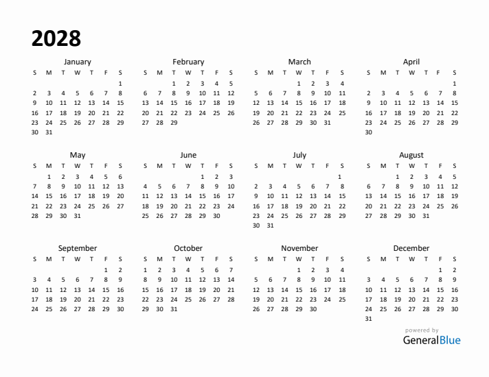 Free 2028 Calendars in PDF, Word, Excel