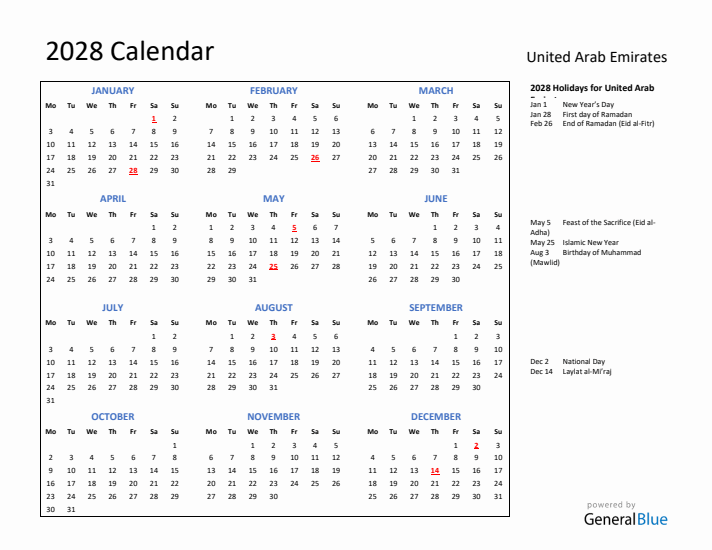 2028 Calendar with Holidays for United Arab Emirates