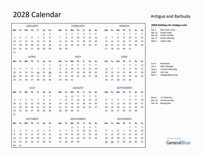 2028 Calendar with Holidays for Antigua and Barbuda