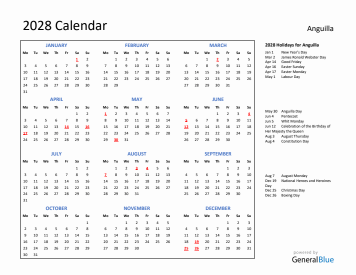 2028 Calendar with Holidays for Anguilla