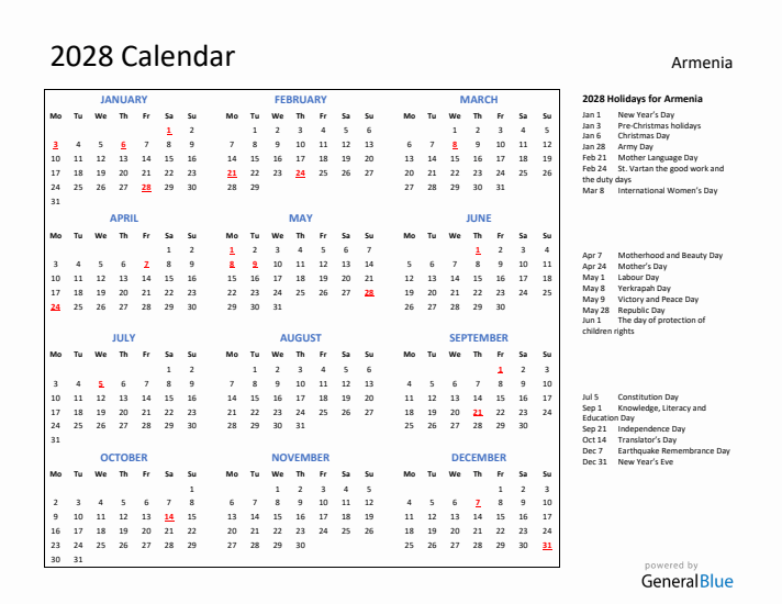 2028 Calendar with Holidays for Armenia
