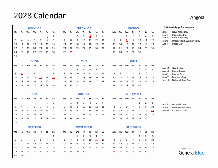 2028 Calendar with Holidays for Angola