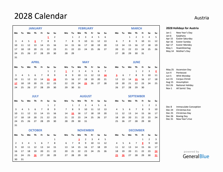 2028 Calendar with Holidays for Austria