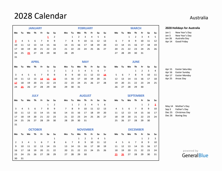 2028 Calendar with Holidays for Australia