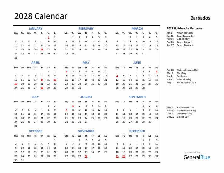 2028 Calendar with Holidays for Barbados