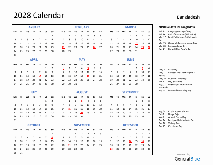 2028 Calendar with Holidays for Bangladesh
