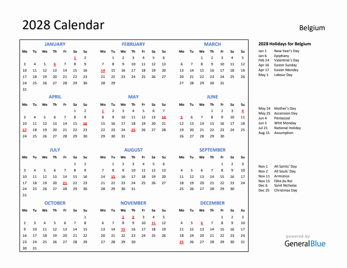 2028 Calendar with Holidays for Belgium