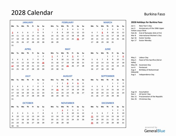 2028 Calendar with Holidays for Burkina Faso