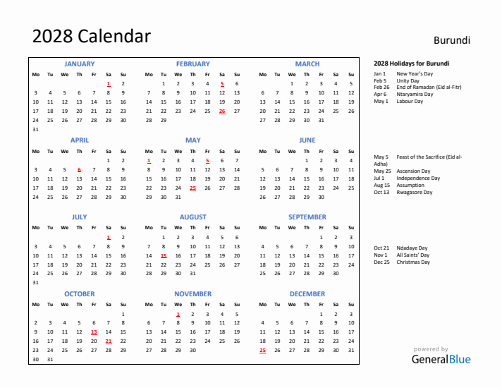 2028 Calendar with Holidays for Burundi