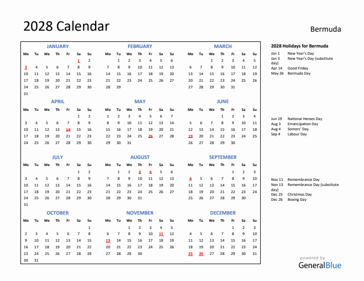2028 Calendar with Holidays for Bermuda