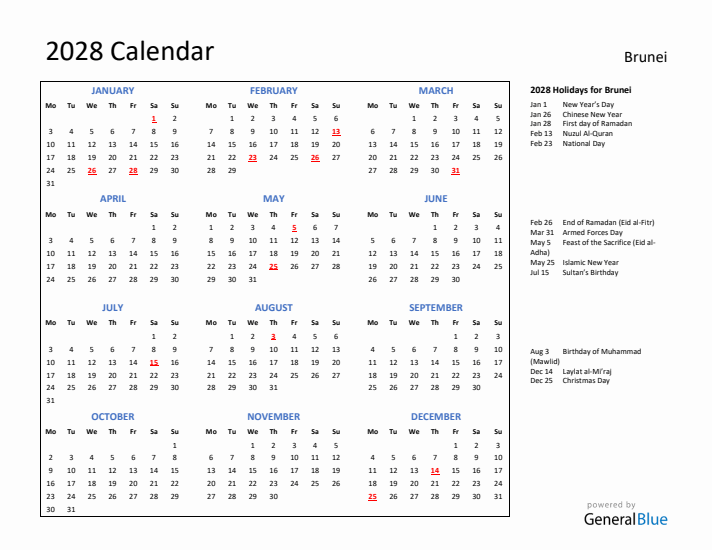 2028 Calendar with Holidays for Brunei