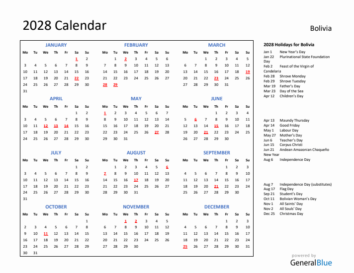 2028 Calendar with Holidays for Bolivia