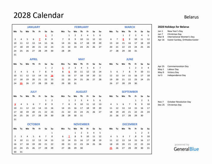 2028 Calendar with Holidays for Belarus