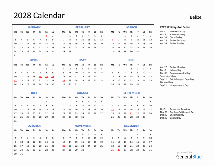 2028 Calendar with Holidays for Belize