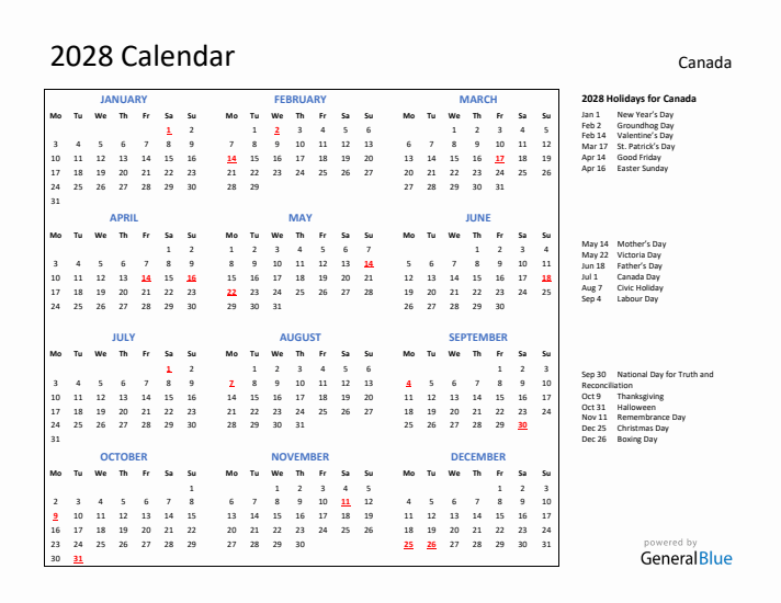 2028 Calendar with Holidays for Canada