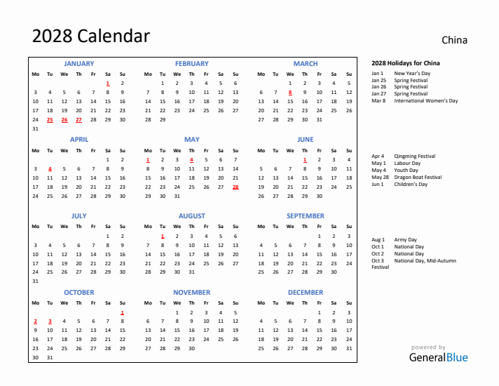 2028 Calendar with Holidays for China