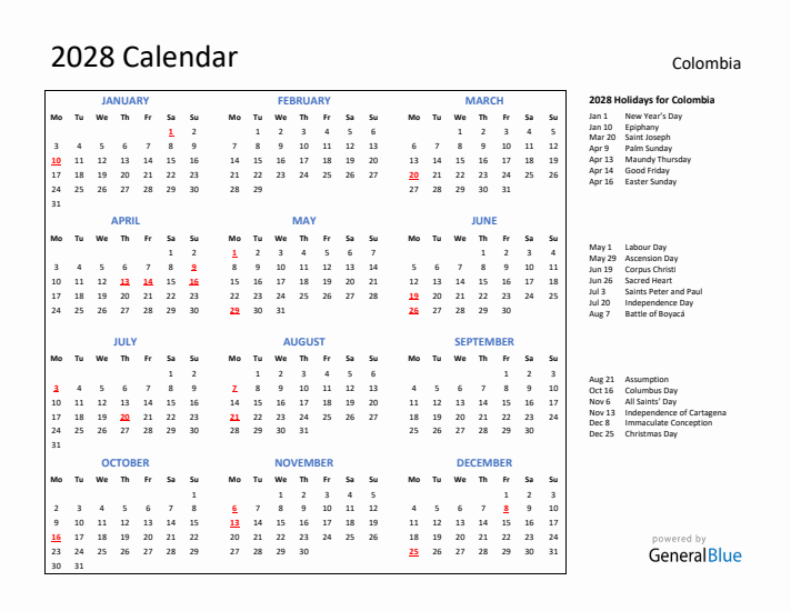 2028 Calendar with Holidays for Colombia