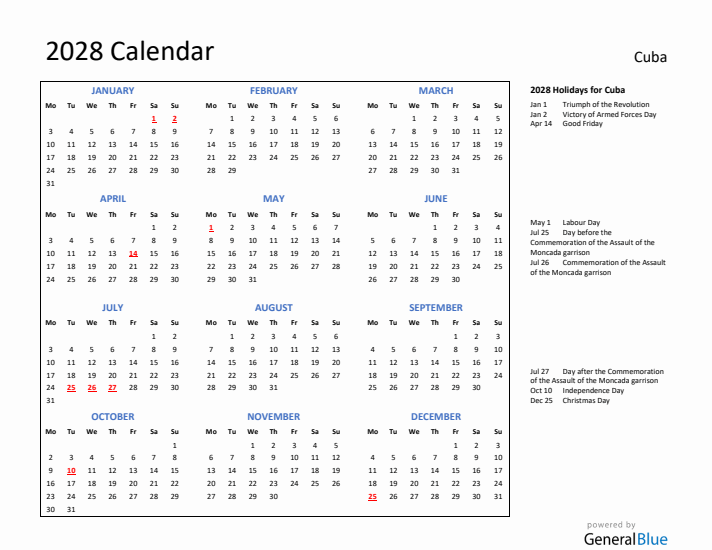2028 Calendar with Holidays for Cuba