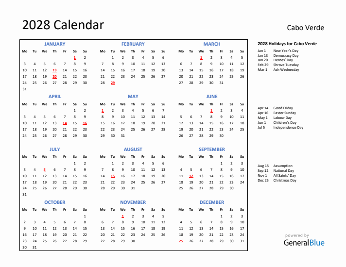 2028 Calendar with Holidays for Cabo Verde