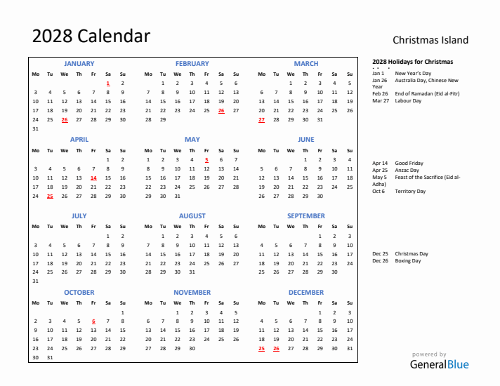 2028 Calendar with Holidays for Christmas Island