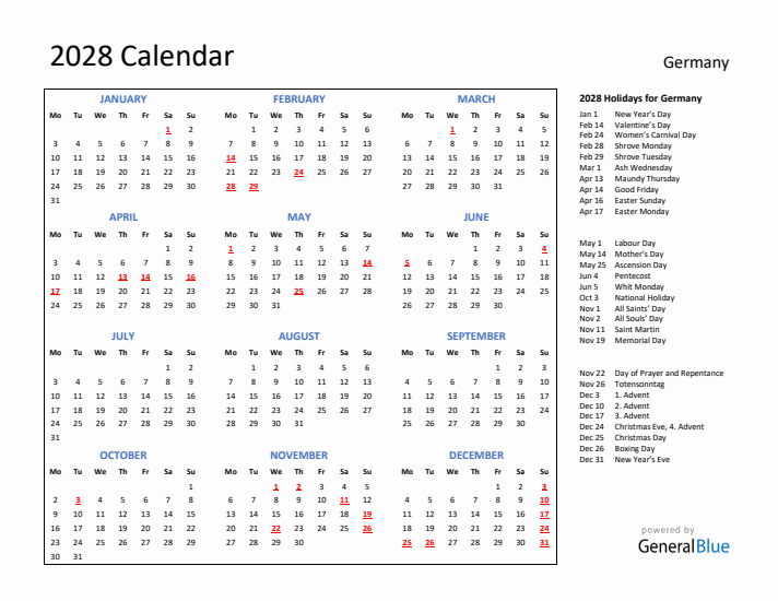 2028 Calendar with Holidays for Germany
